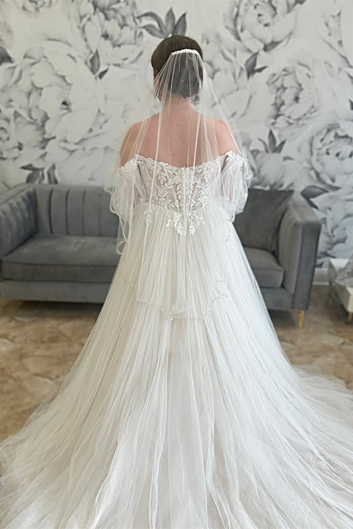 White Tulle Off-the-Shoulder Appliques Illusion Sleeves Long Wedding Dress