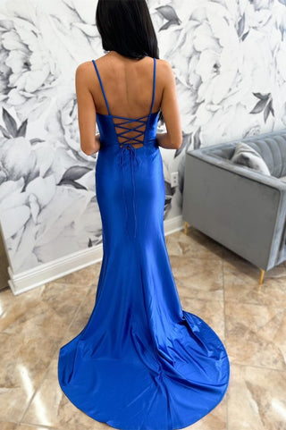 Royal Blue Square Neck Lace-Up Ruching Long Prom Dress