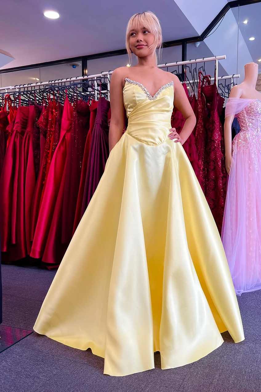 Rhinestone A-Line Fairytale Sweetheart Corset Yellow Prom Dress