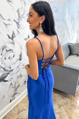 Royal Blue Square Neck Lace-Up Ruching Long Prom Dress