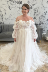 White Tulle Off-the-Shoulder Appliques Illusion Sleeves Long Wedding Dress