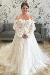 White Tulle Off-the-Shoulder Appliques Illusion Sleeves Long Wedding Dress