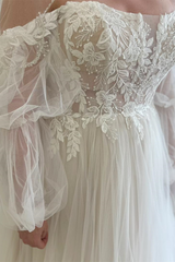 White Tulle Off-the-Shoulder Appliques Illusion Sleeves Long Wedding Dress