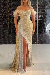 Gold Sequin Feather Off the Shoulder Mermaid Prom Dress with Slit