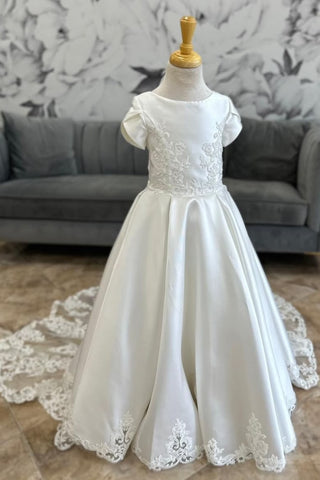 Ivory Round Neck Lace-Up Back A-Line Flower Girl Dress with Sweep Train