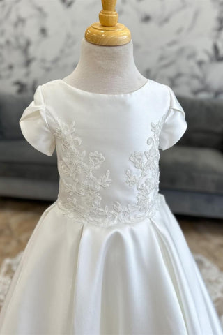 Ivory Round Neck Lace-Up Back A-Line Flower Girl Dress with Sweep Train