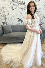 Ivory Tulle Floral Appliques Strapless A-Line Long Bridal Gown with Detachable Sleeves