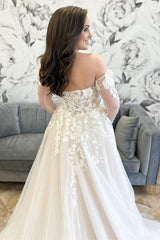 Ivory Tulle Floral Appliques Strapless A-Line Long Bridal Gown with Detachable Sleeves