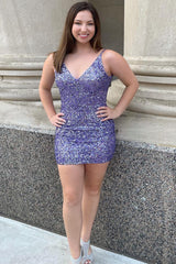 Lavender Sequin V-Neck Open Back Fitted Short Party Dress