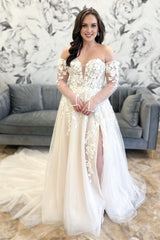 Ivory Tulle Floral Appliques Strapless A-Line Long Bridal Gown with Detachable Sleeves