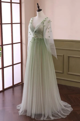 Light Green Gradient V-Neck A-Line Tulle Long Dress with Long Sleeves