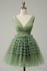 Dusty Sage Tulle V-Neck Tiered Short Party Dress with Ruffles