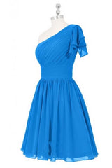 Cobalt One Shoulder Ruffle Pleated Chiffon Mini Bridesmaid Dress