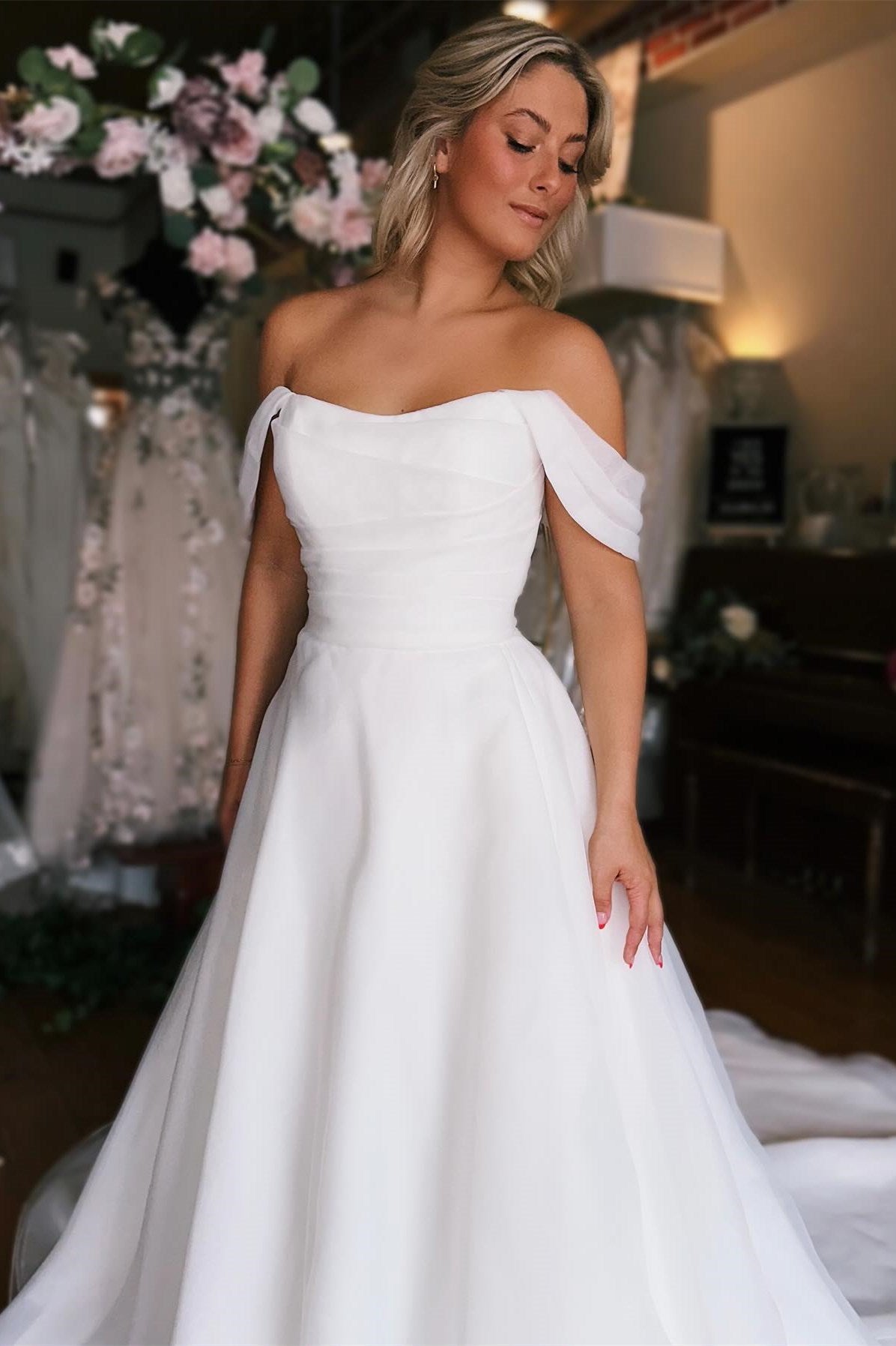 Elegant White Off-the-Shoulder Long Wedding Dress with Slit