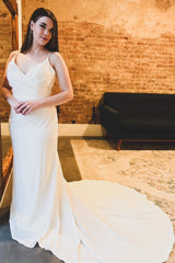 White Surplice Spaghetti Strap Mermaid Long Wedding Dress