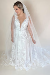 White Floral Lace Plunge V Long Wedding Dress