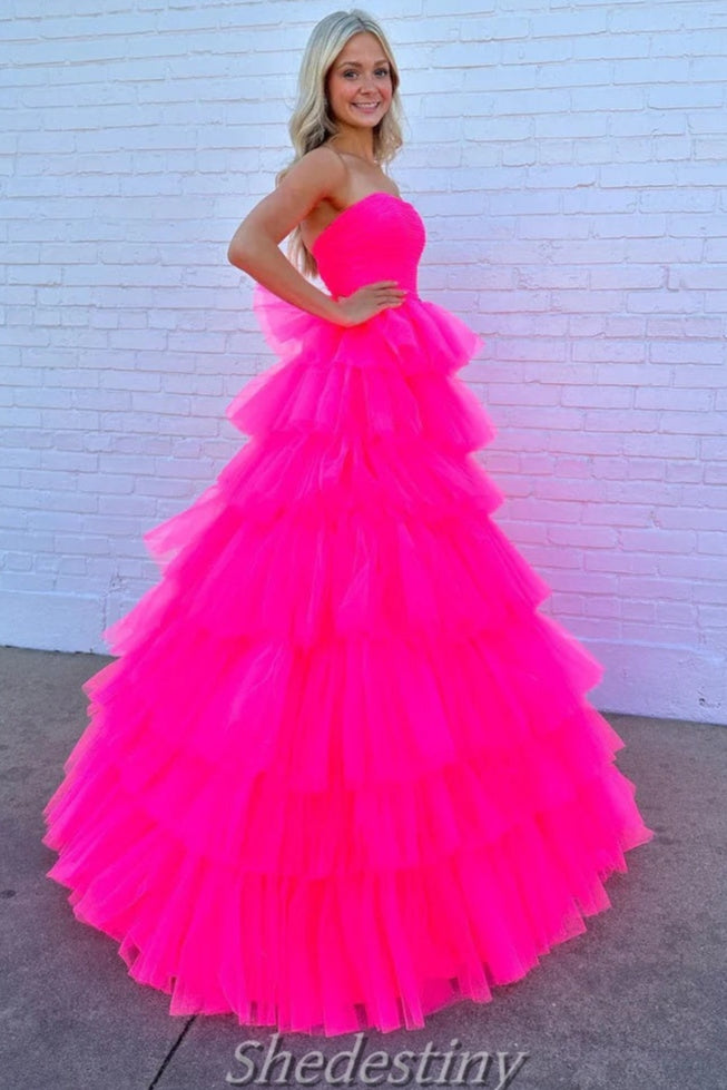 A-Line Tiered Tulle Hot Pink Strapless Tulle Prom Dress For Women