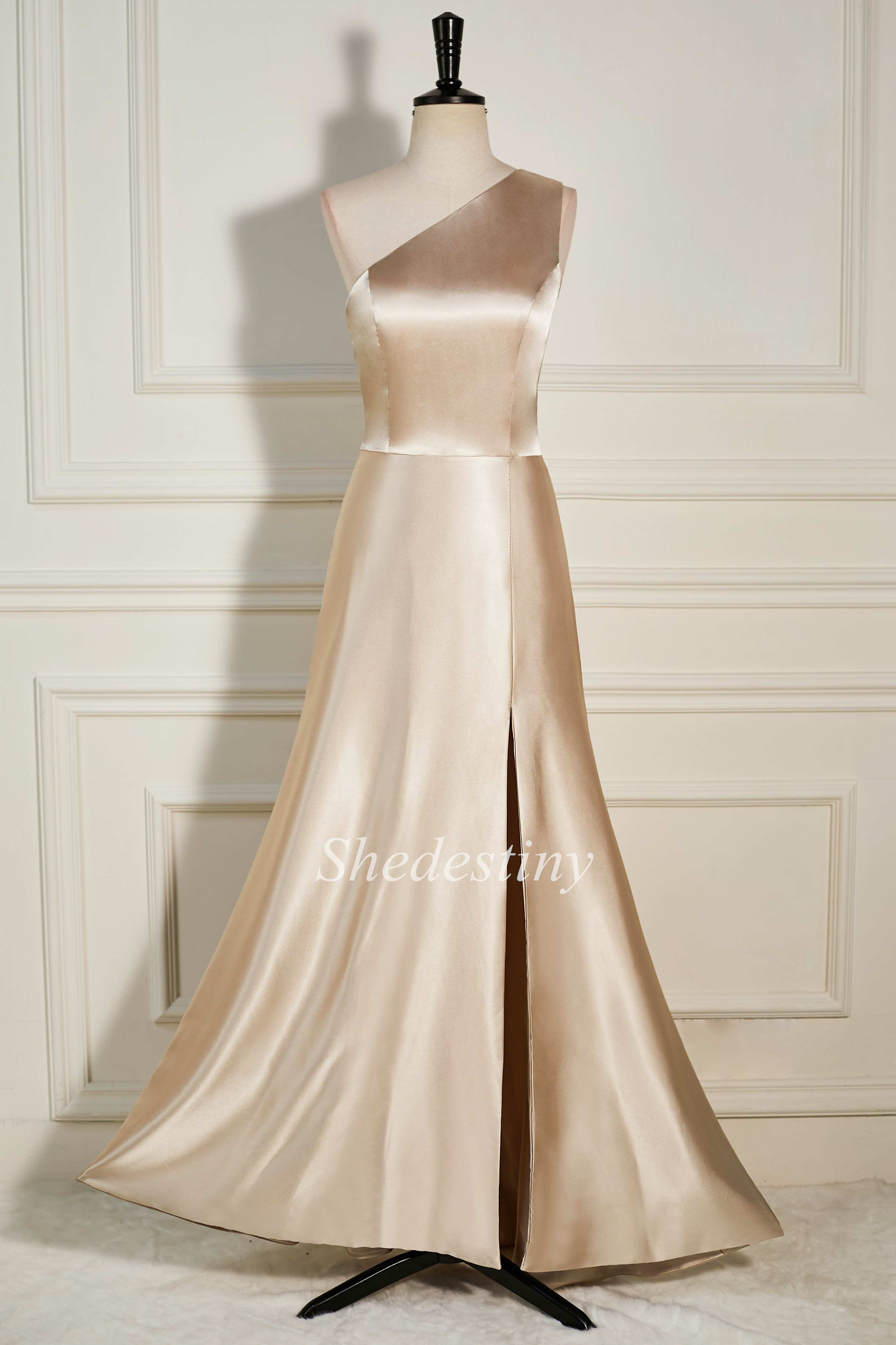 One-Shoulder Champagne A-Line Long Dress with Slit