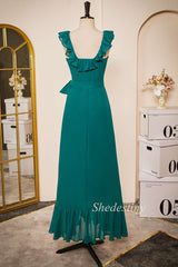 Emerald Chiffon Round Nec Ruffle A-Line Long Dress