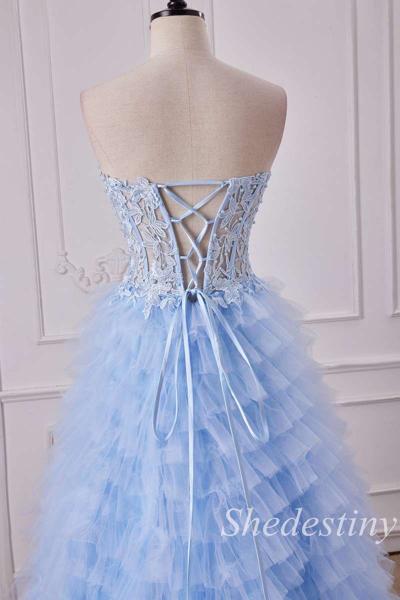Light Blue Sweetheart Lace-Up Ruffle Tiered Gown with Slit