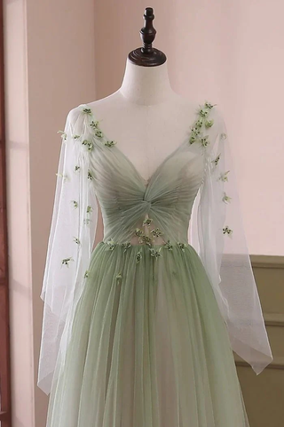 Light Green Gradient V-Neck Tulle Long Dress with Long Sleeves