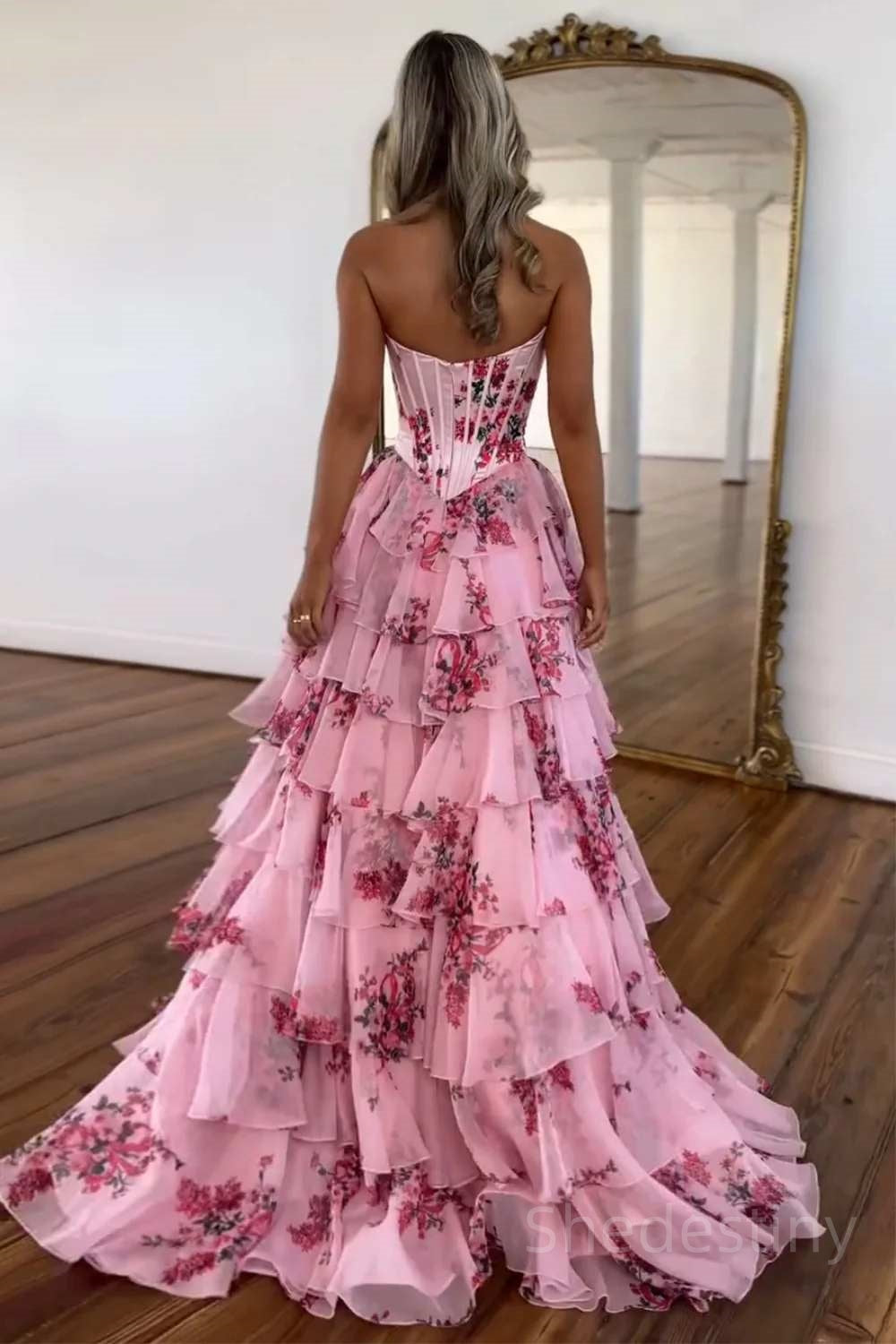 Floral Print Princess Sweetheart Tiered Ruffles Prom Dress