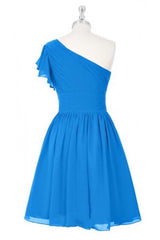 Cobalt One Shoulder Ruffle Pleated Chiffon Mini Bridesmaid Dress