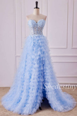 Light Blue Sweetheart Lace-Up Ruffle Tiered Gown with Slit