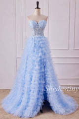 Light Blue Sweetheart Lace-Up Ruffle Tiered Gown with Slit