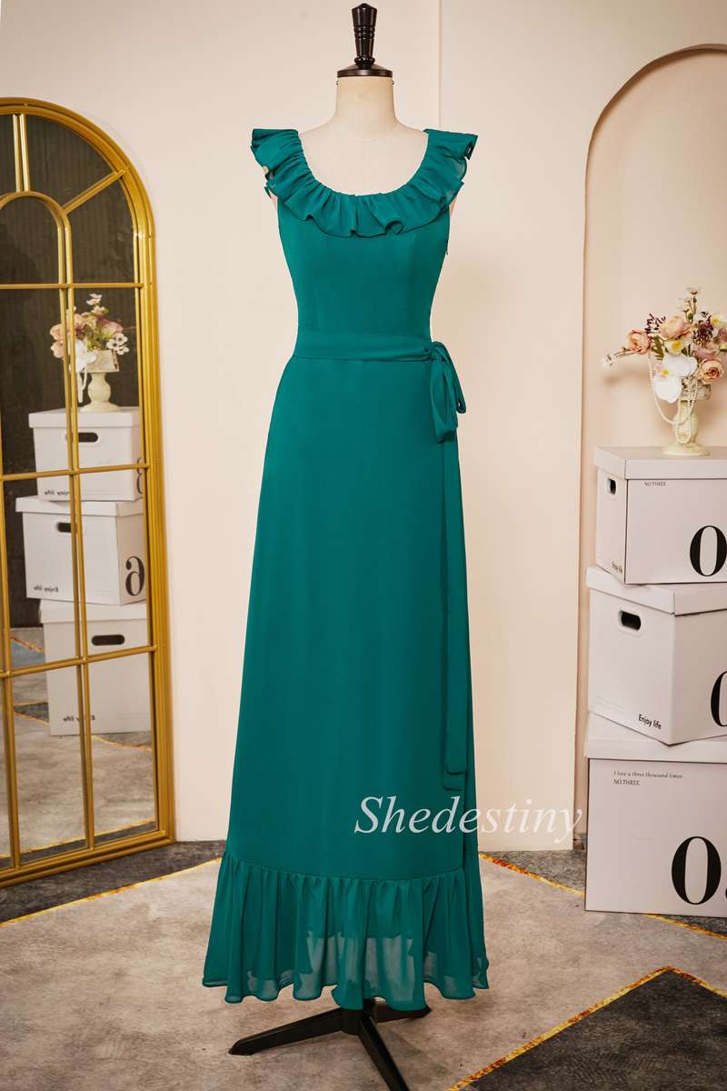 Emerald Chiffon Round Nec Ruffle A-Line Long Dress