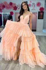 Red Tulle V-Neck Multi-Tiered A-Line Prom Dress