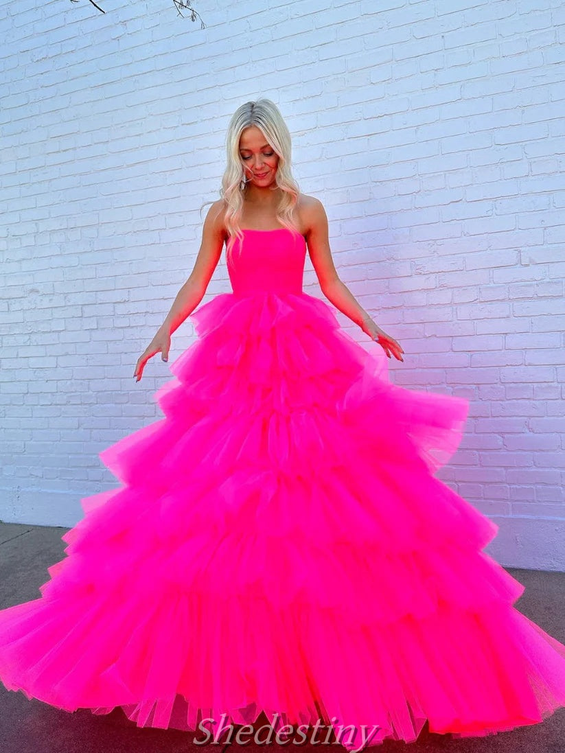 Tulle Prom Dress For Women A-Line Tiered Tulle Hot Pink Strapless