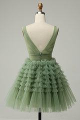 Dusty Sage Tulle V-Neck Tiered Short Party Dress with Ruffles