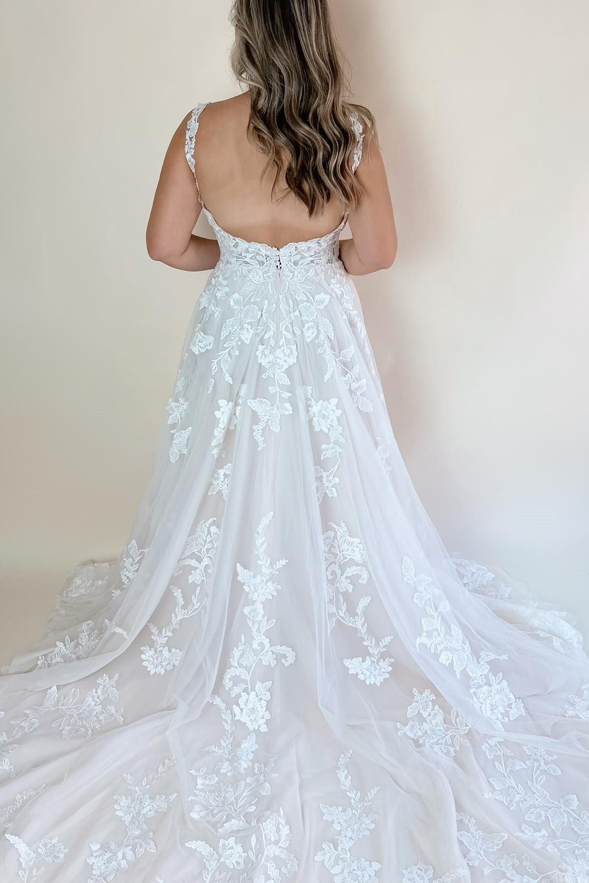 White Floral Lace Plunge V Long Wedding Dress