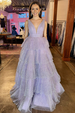 Lavender Tulle Sequin V-Neck Ruffle Tiered Long Prom Dress
