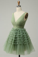 Dusty Sage Tulle V-Neck Tiered Short Party Dress with Ruffles