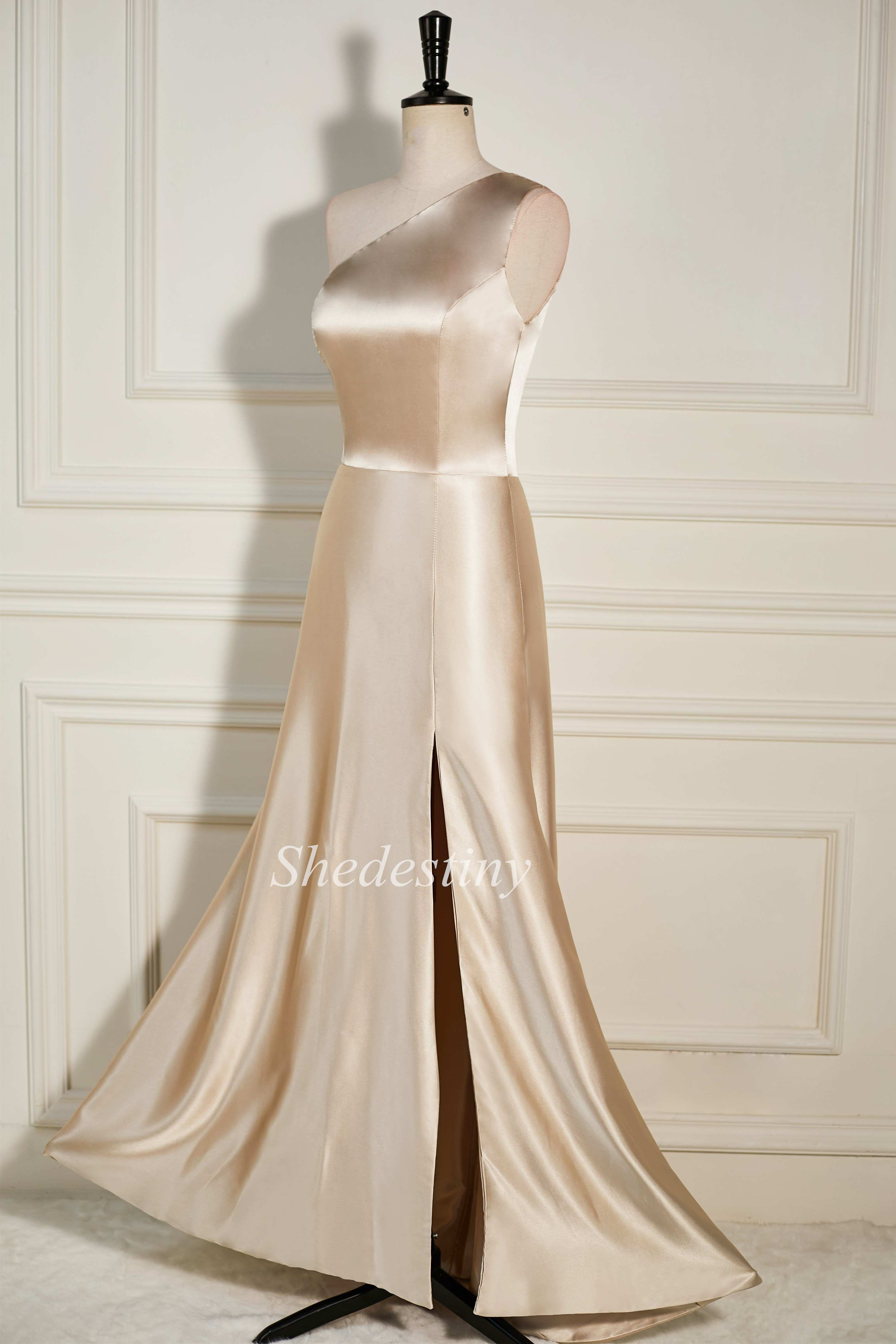 One-Shoulder Champagne A-Line Long Dress with Slit