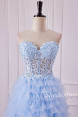 Light Blue Sweetheart Lace-Up Ruffle Tiered Gown with Slit