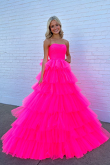 Tulle Prom Dress For Women A-Line Tiered Tulle Hot Pink Strapless