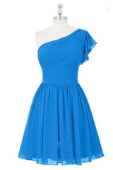 Cobalt One Shoulder Ruffle Pleated Chiffon Mini Bridesmaid Dress