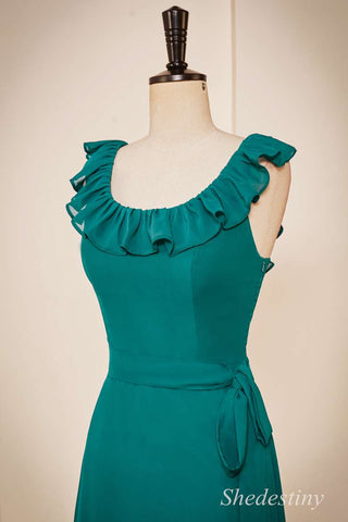 Emerald Chiffon Round Nec Ruffle A-Line Long Dress