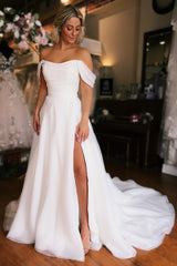 Elegant White Off-the-Shoulder Long Wedding Dress with Slit