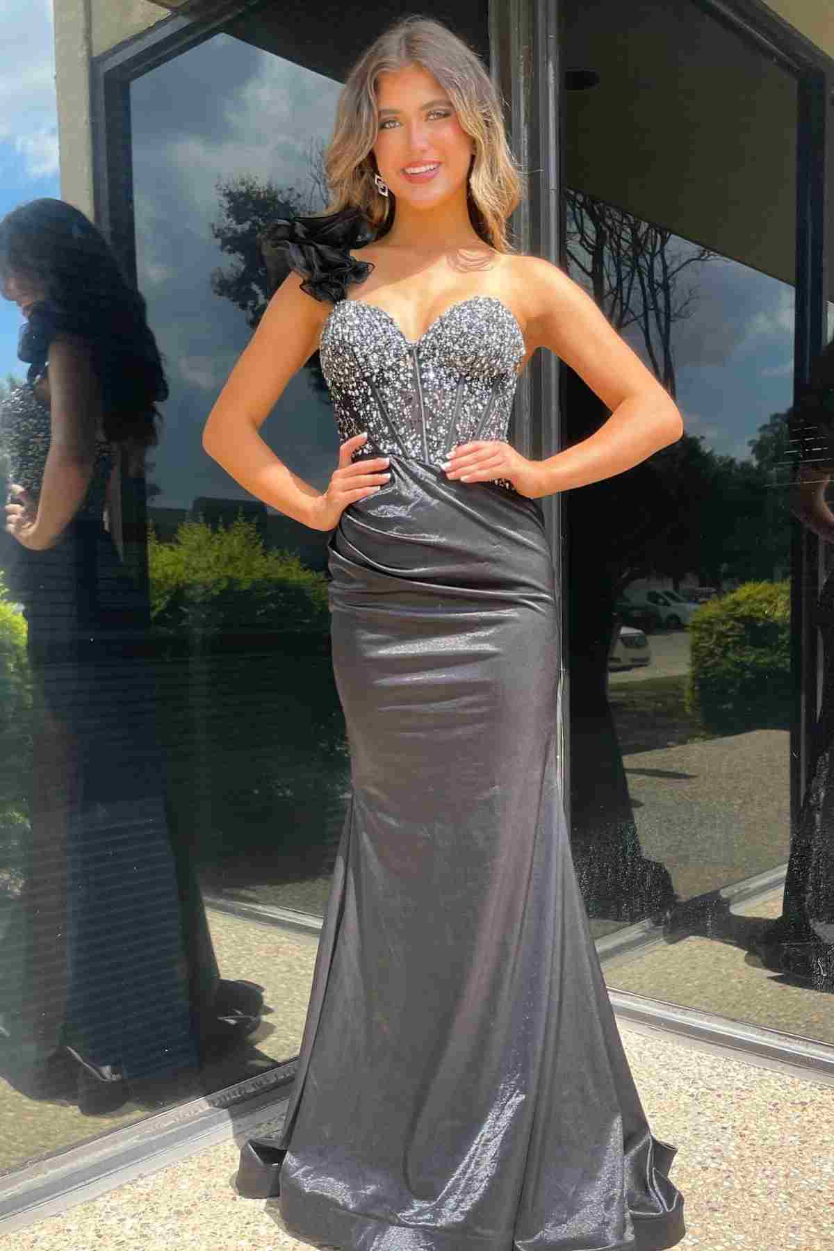 Grey One Shoulder Mermaid Satin Prom Dress with Rhinestone