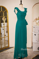 Emerald Chiffon Round Nec Ruffle A-Line Long Dress