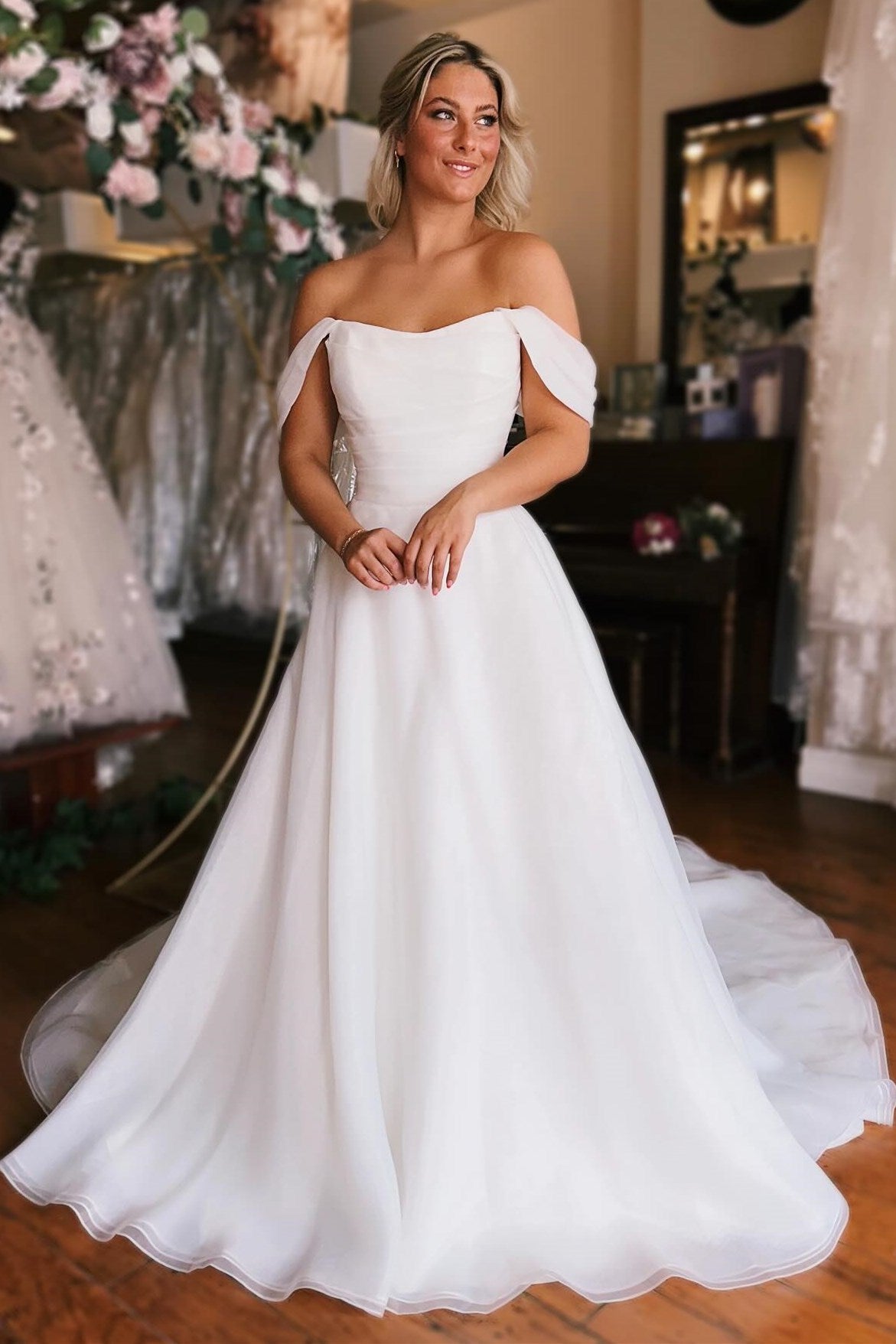 Elegant White Off-the-Shoulder Long Wedding Dress with Slit