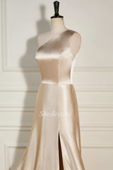 One-Shoulder Champagne A-Line Long Dress with Slit