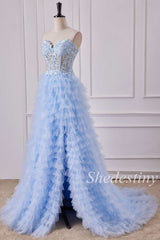 Light Blue Sweetheart Lace-Up Ruffle Tiered Gown with Slit