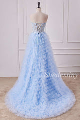 Light Blue Sweetheart Lace-Up Ruffle Tiered Gown with Slit