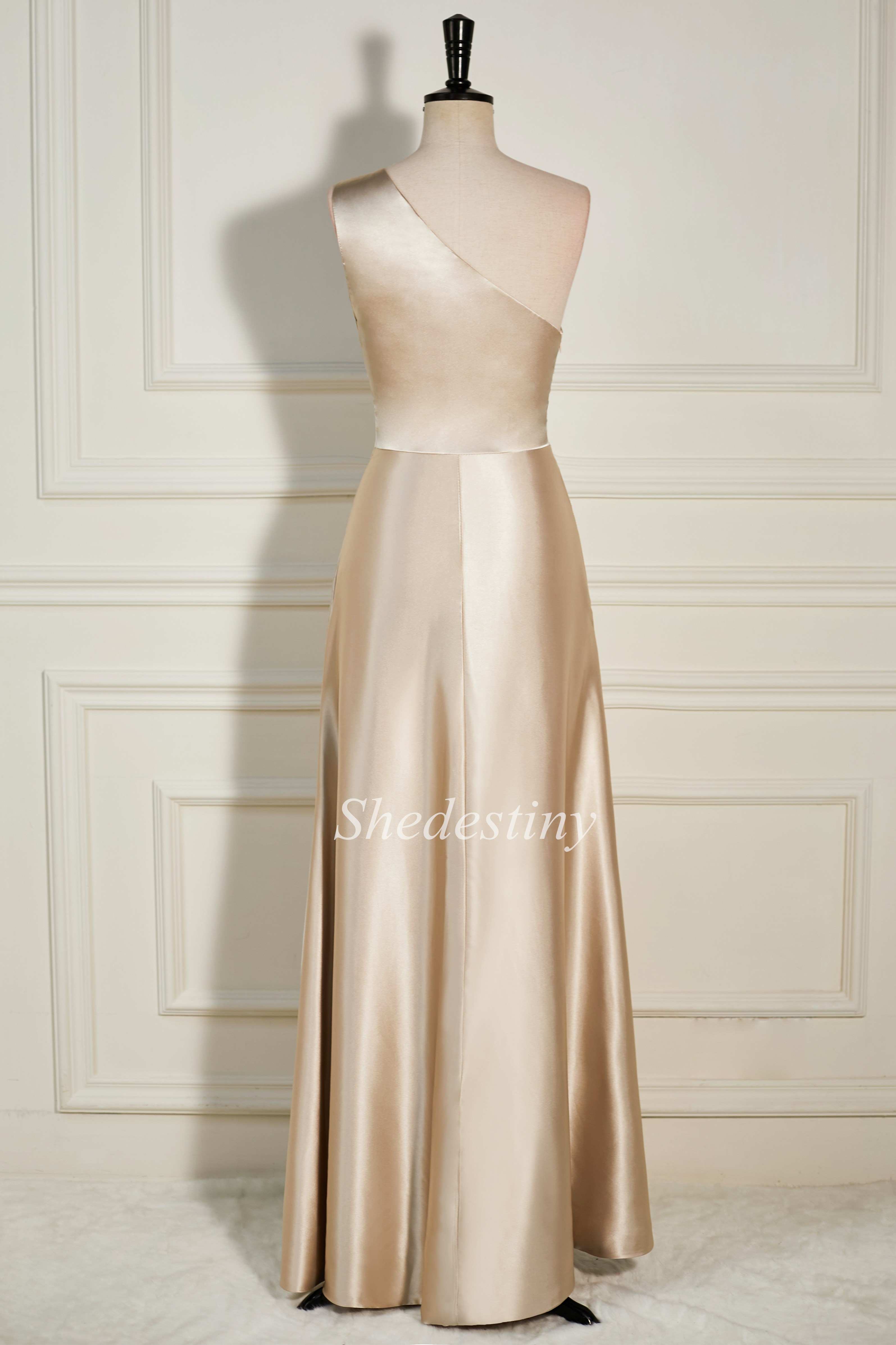 One-Shoulder Champagne A-Line Long Dress with Slit