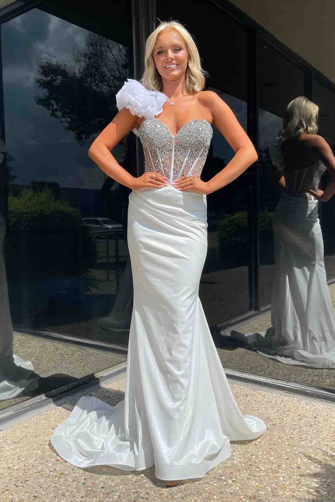 Ivory One Shoulder Mermaid Satin Prom Dress with Rhinestone